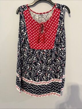 Woman Within Navy and Red Floral Sleeveless Tunic